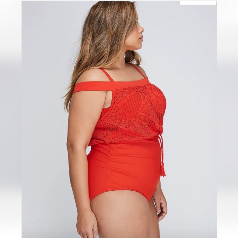 Cacique Swim Bandeau Off Shoulder Crochet Blouson One Piece Swimsuit NEW - Picture 3 of 7
